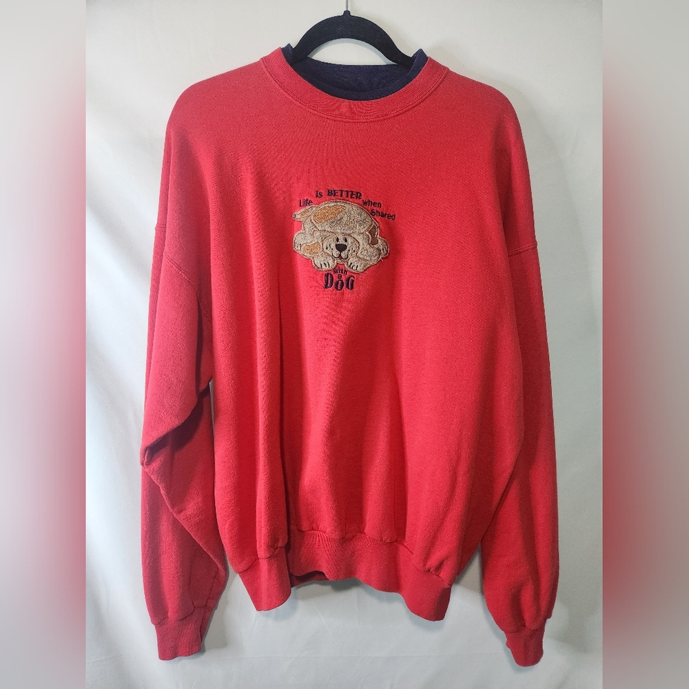 Vintage MC Energy Sportswear Red Life Is Better W/ A Dog Sweater. Size XL.